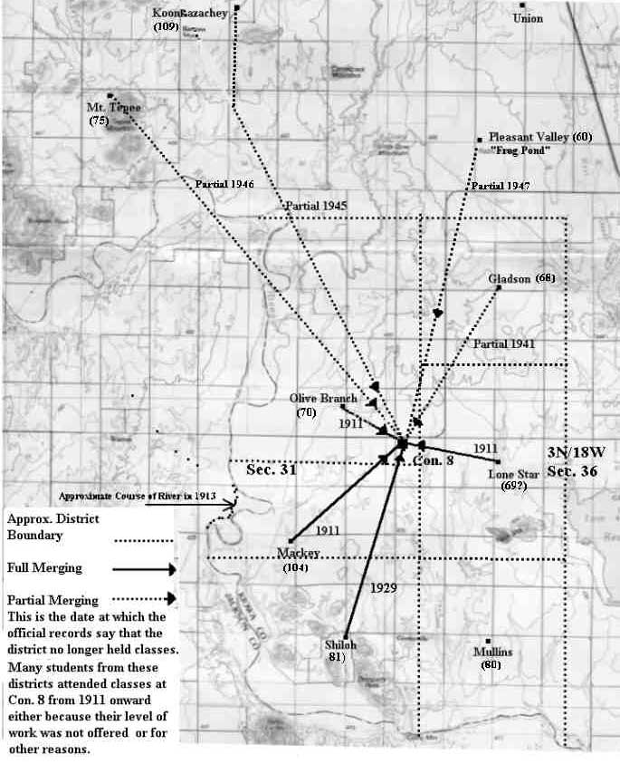 Map Showing School Locations that Eventually Merged into Con 8