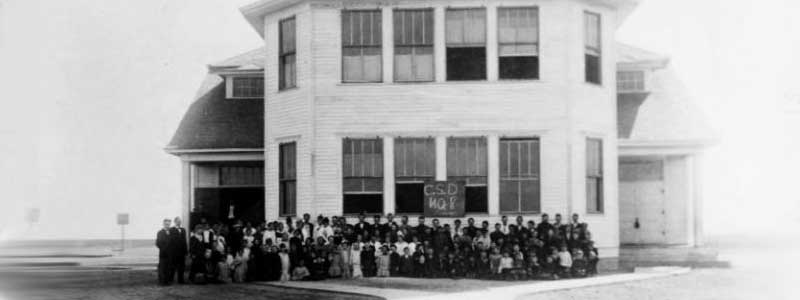 Clapboard Con. 8 School Building with Teachers and Children